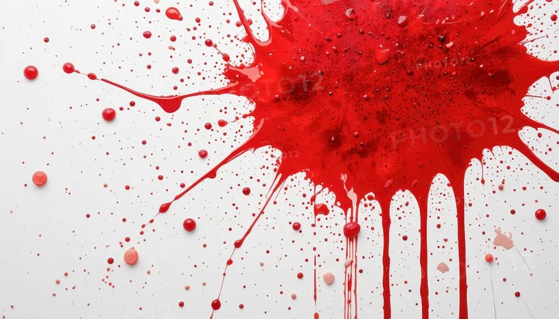 A vibrant red paint splatter, with droplets and streaks, against a clean white background. Dynamic and artistic abstract artwork, AI generated