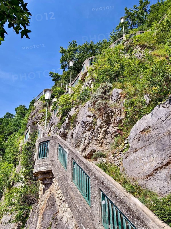Historic staircase embedded in the rock, surrounded by greenery, urban flair Stairway to the Graz Clock Tower Graz Styria Austria