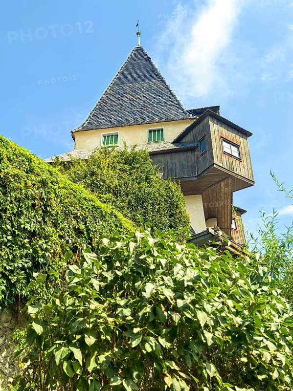 Historic tower and half-timbered house embedded in green vegetation under a blue sky Graz Clock Tower Graz Styria Austria