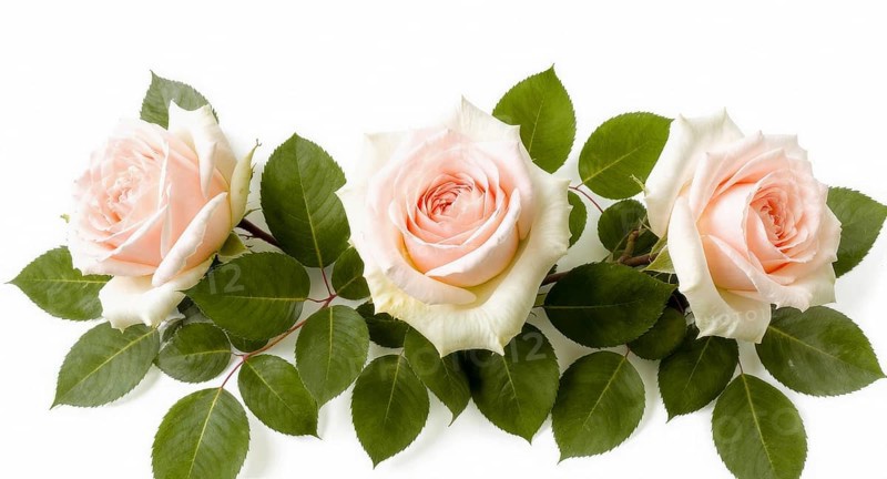 A beautiful floral arrangement featuring three delicate pink roses, accented by vibrant green leaves, set against a clean white background, AI generated