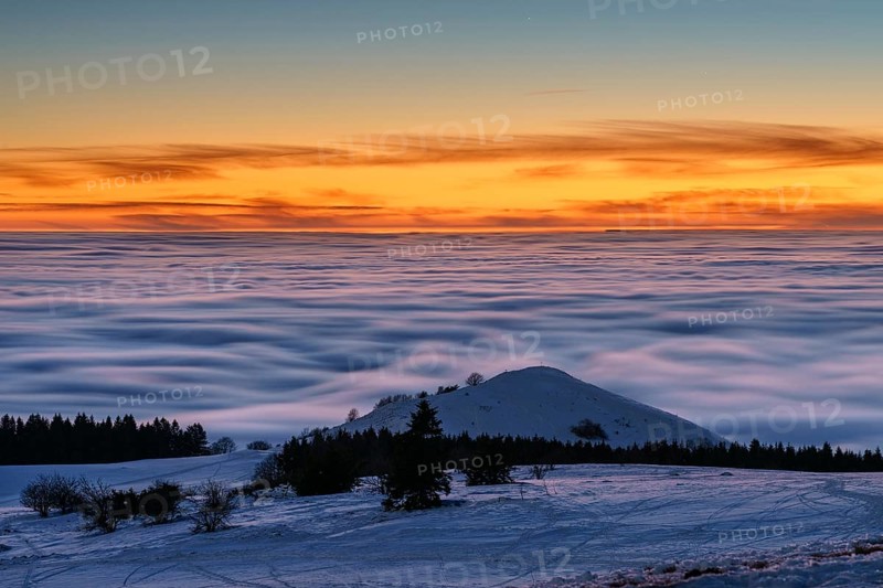 View from the Wasserkuppe in winter, dusk, Hessian Rhön nature park Park, Hesse, Germany