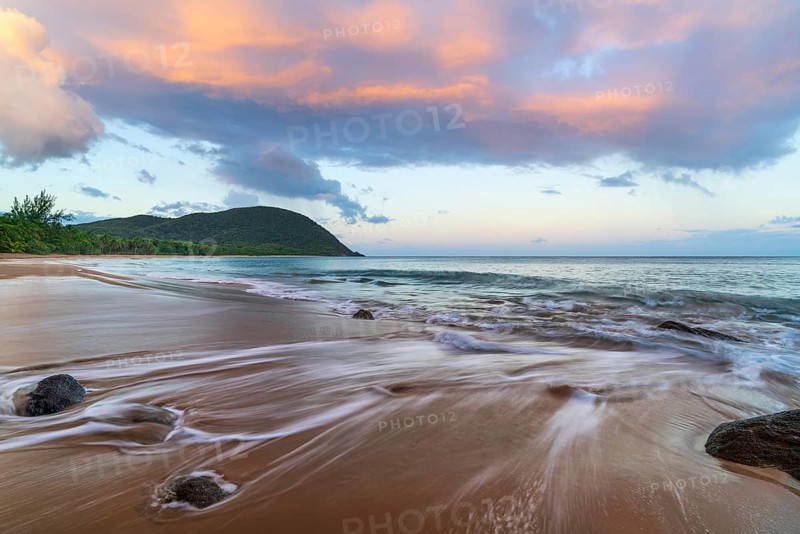 Grande Anse beach, coast and sea at dawn, Deshaies, Basse Terre, Guadeloupe, French Antilles, Caribbean