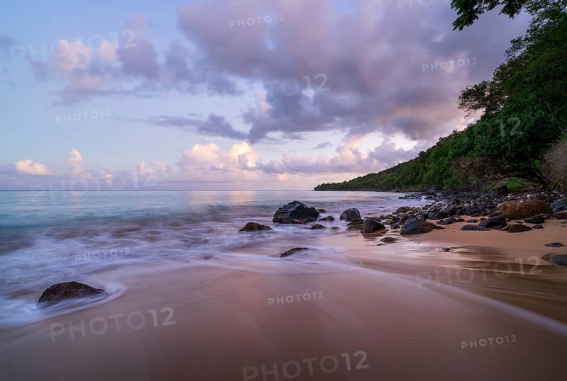 Grande Anse beach, coast and sea at dawn, Deshaies, Basse Terre, Guadeloupe, French Antilles, Caribbean