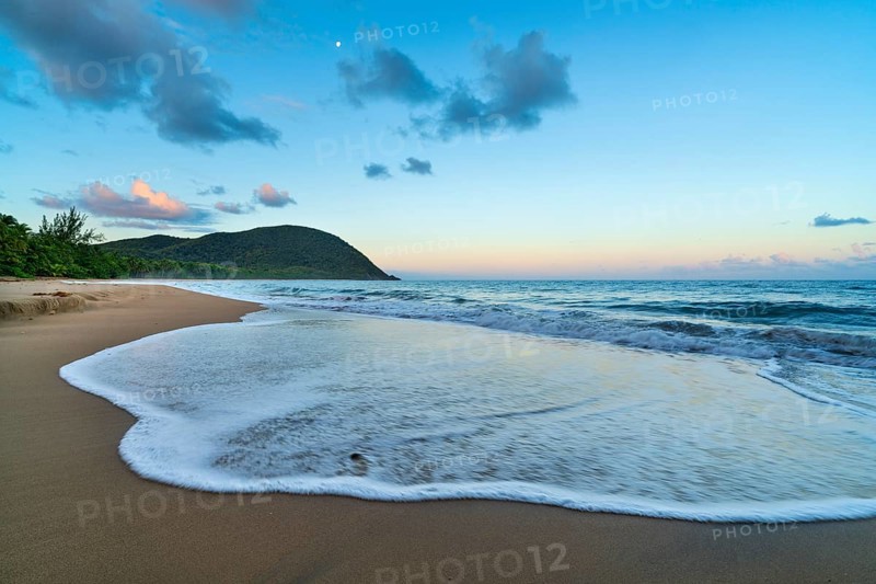 Grande Anse beach, coast and sea at dawn, Deshaies, Basse Terre, Guadeloupe, French Antilles, Caribbean