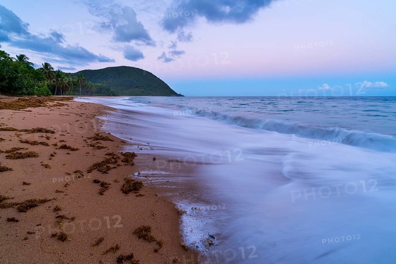 Grande Anse beach, coast and sea at dawn, Deshaies, Basse Terre, Guadeloupe, French Antilles, Caribbean