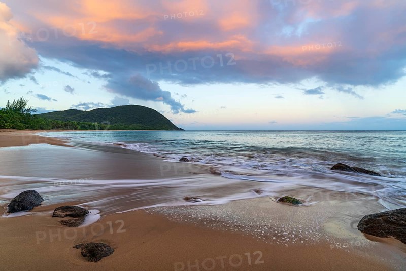 Grande Anse beach, coast and sea at dawn, Deshaies, Basse Terre, Guadeloupe, French Antilles, Caribbean