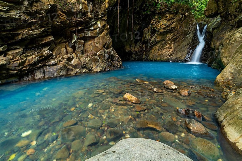 Saut d'eau de Matouba, waterfall with blue water, Saint-Claude, Basse Terre, Guadeloupe, French Antilles, Caribbean