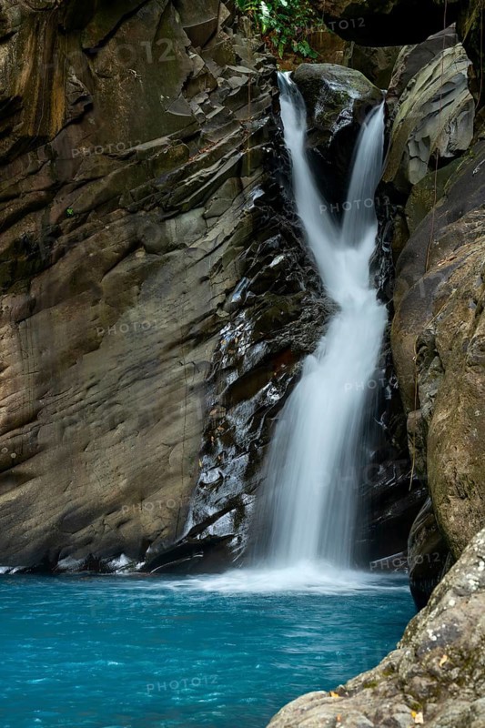 Saut d'eau de Matouba, waterfall with blue water, Saint-Claude, Basse Terre, Guadeloupe, French Antilles, Caribbean