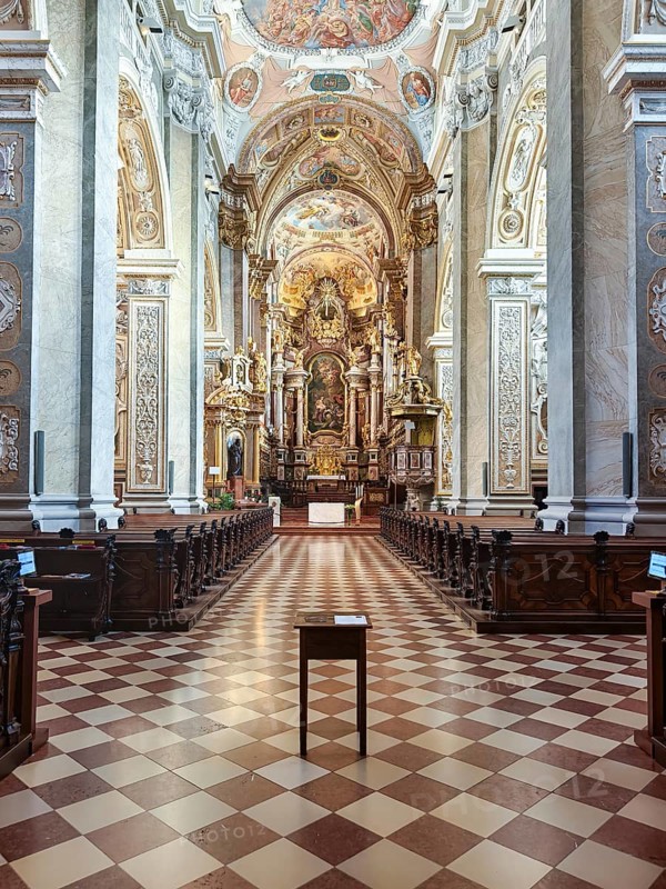 Opulently furnished nave with ornate Baroque ceiling decorations and symmetrical structure, Klosterneuburg Lower Austria Austria