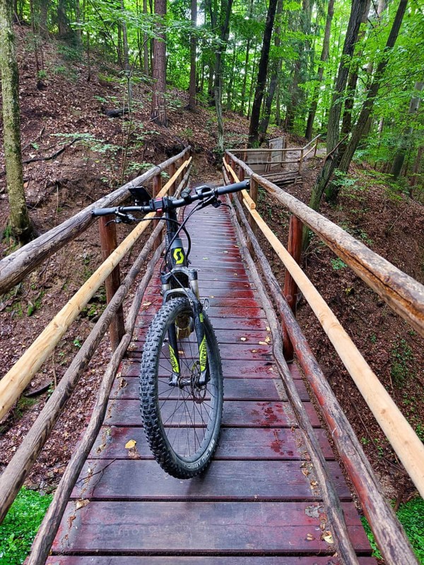 Mountain bike standing on a narrow wooden bridge in the forest Styria Austria