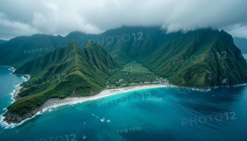 Aerial view of a tropical paradise, showcasing lush green mountains, a pristine beach, and turquoise waters under a cloudy sky, AI generated
