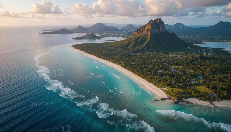An aerial view showcases a breathtaking tropical landscape with a long sandy beach, turquoise waters, lush greenery, and impressive mountains, AI generated