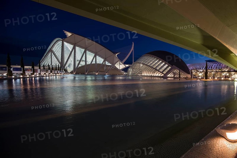 Valencia Spain Illuminated modern architecture with water at night in Valencia City of Arts and Sciences