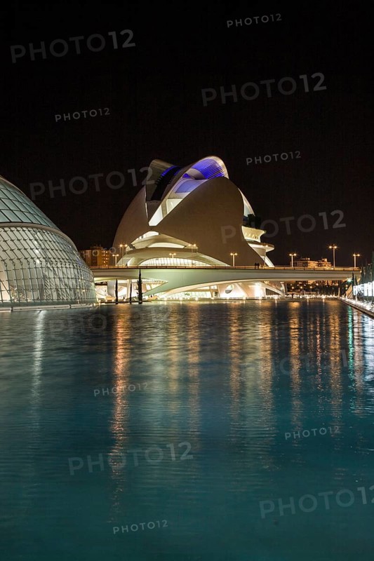 Valencia Spain Modern building reflected in the calm water at dusk Opera City of Arts and Sciences