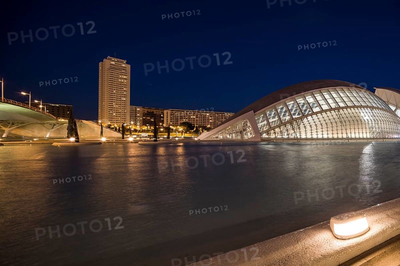 Valencia Spain Night scene with modern building and skyscraper on the calm water City of Arts and Sciences