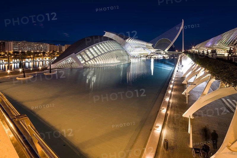Valencia Spain Elegant modern buildings on the waterfront at night with reflections City of Arts and Sciences