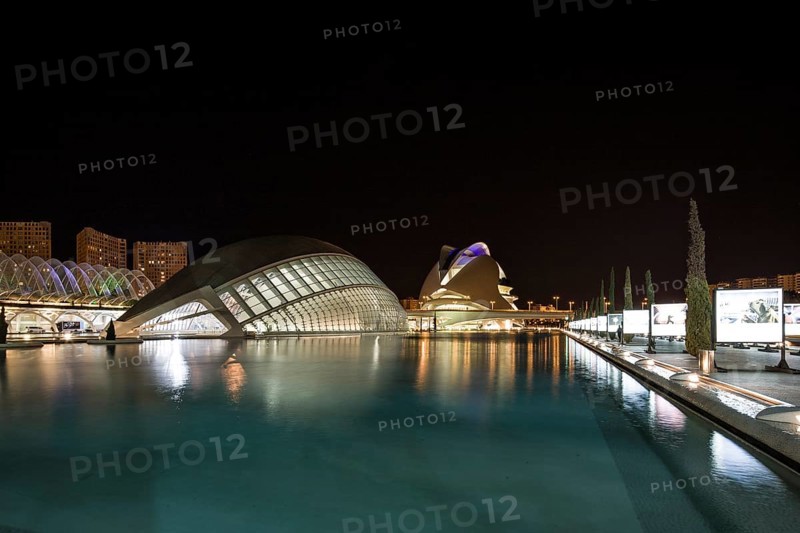 Valencia Spain Nocturnal urban scenery with illuminated modern buildings and water City of Arts and Sciences