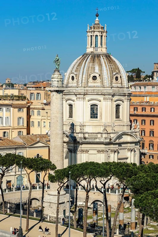 View of part of Trajan's Forum with 40 metre high Victory Column in front Column of Honour of Trajan behind Chiesa Santissimo Nome di Maria al Foro Traiano, Church of the Most Holy Name of Mary at the Forum of Trajan, Church of the Most Holy Name of Mary at Trajan's Forum, Rome, Lazio, Italy