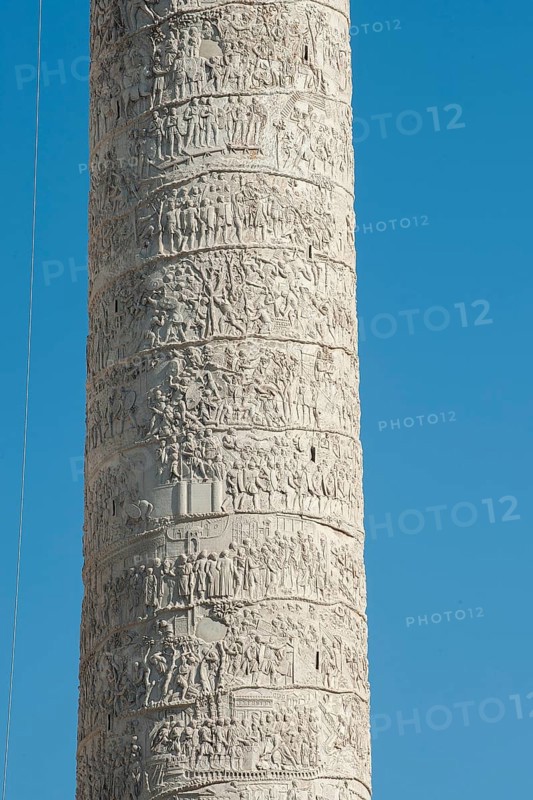 Detail of spiral marble relief on column of honour Victory Column Trajan's Column from year 113 with scenes from wars against the Dacians made of Carrara marble from Lunensian marble for Roman Emperor Trajan from antiquity in Trajan's Forum in ancient Rome, Rome, Lazio, Italy