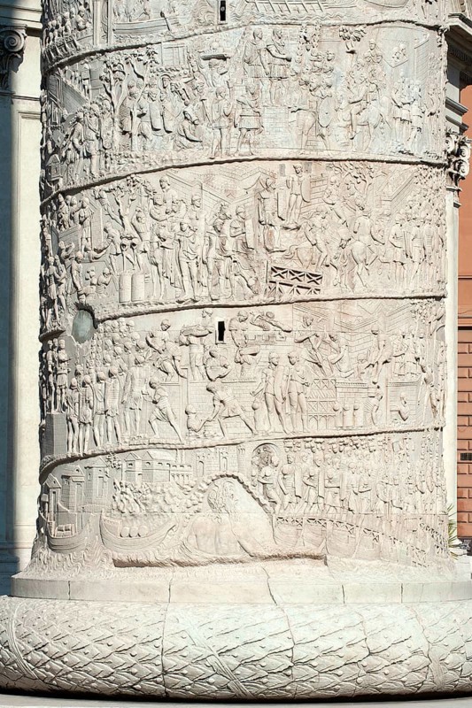 Detail of spiral marble relief on column of honour Victory Column Trajan's Column from year 113 in Lunensian marble Carrara marble for Roman Emperor Trajan from antiquity in Trajan's Forum in ancient Rome, Rome, Lazio, Italy
