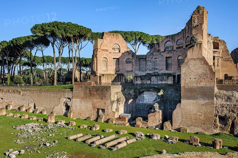 Front view of parts of ancient Palatine stadium Hippodrome with lying column fragments, behind towering ruins of imperial lodge former magnificent building part of palace of Roman Emperor Domitian on Palatine Hill Palatine, Rome, Lazio, Italy