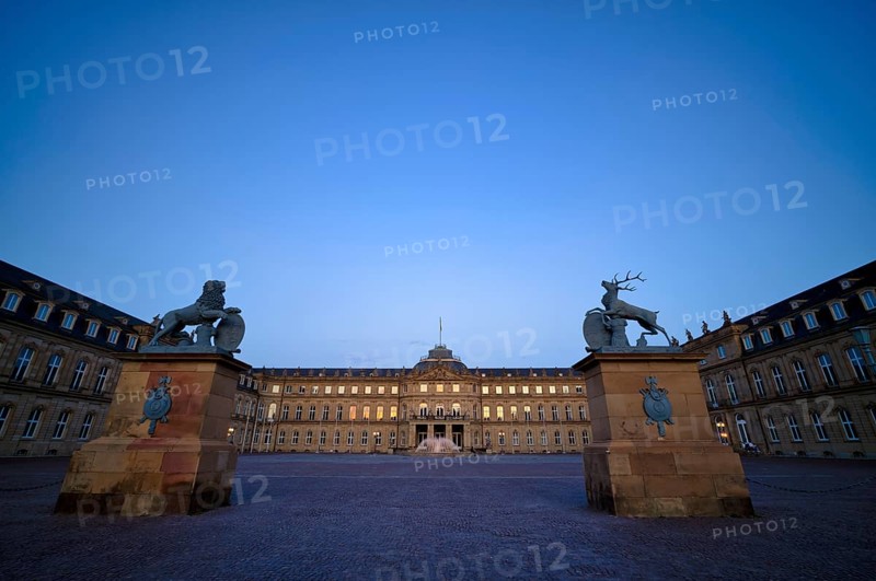 Heraldic animal lion and stag in front of the main wing and cour d'honneur Neues Schloss, Schlossplatz, evening light, Stuttgart, Baden-WÃ¼rttemberg, Germany