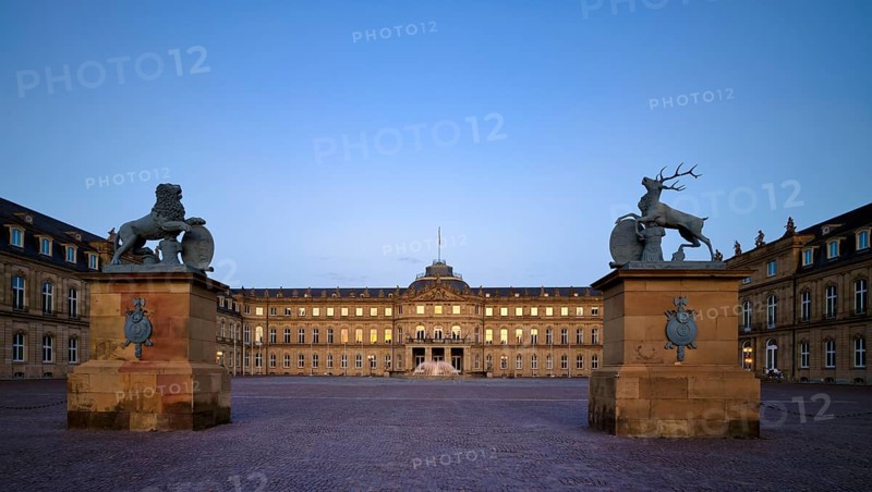 Heraldic animal lion and stag in front of the main wing and cour d'honneur Neues Schloss, Schlossplatz, evening light, Stuttgart, Baden-WÃ¼rttemberg, Germany
