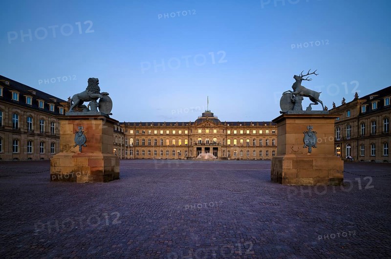 Heraldic animal lion and stag in front of the main wing and cour d'honneur Neues Schloss, Schlossplatz, evening light, Stuttgart, Baden-WÃ¼rttemberg, Germany