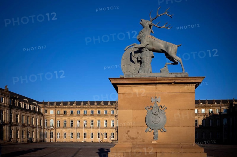 Heraldic animal stag in front of the main wing and cour d'honneur Neues Schloss, Schlossplatz, evening light, Stuttgart, Baden-WÃ¼rttemberg, Germany