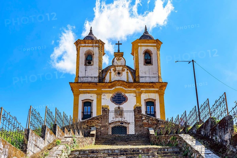 Staircase leading up to a historic baroque church in the city of Ouro Preto in Minas Gerais