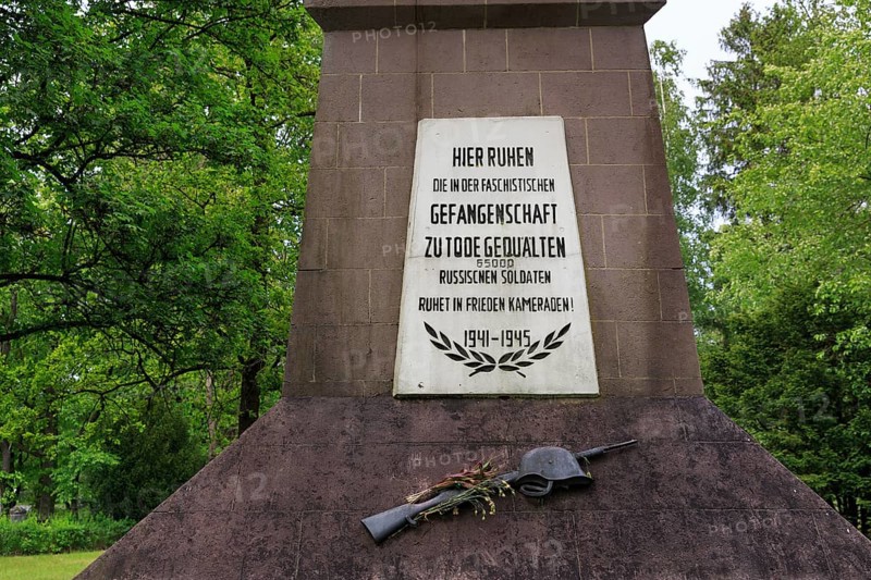 Obelisk with inscription, cemetery of honour of Soviet war dead, prisoner-of-war camp, World War II, Stalag 326 VI K Senne memorial, Schloss Holte-Stukenbrock, Senne nature reserve, North Rhine-Westphalia, Germany