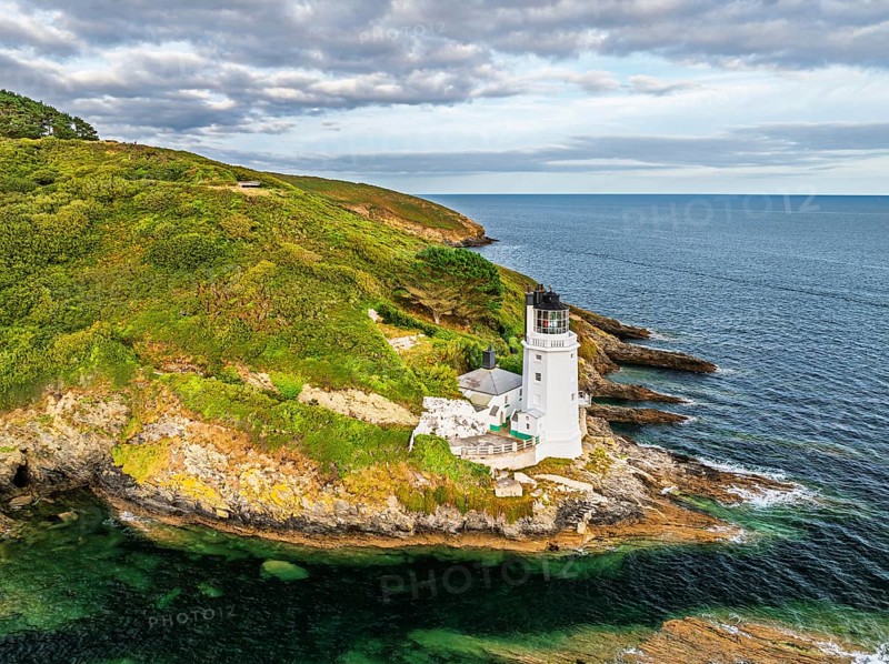 St Anthony Lighthouse from drone, Roseland peninsula, Head circular walk, Cornwall, UK