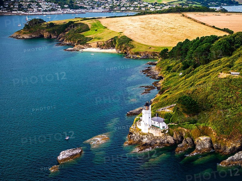 St Anthony Lighthouse from drone, Roseland peninsula, Head circular walk, Cornwall, UK