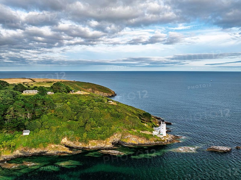 St Anthony Lighthouse from drone, Roseland peninsula, Head circular walk, Cornwall, UK