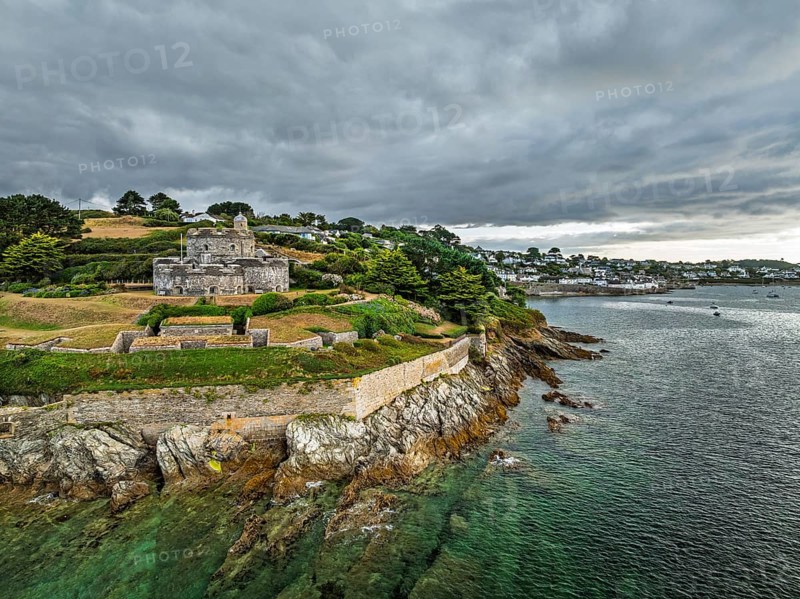 St Mawes Castle from a drone, Carrick Roads, River Fal, Falmouth, Cornwall, UK