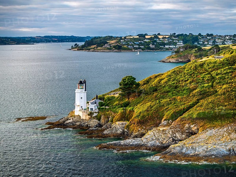 St Anthony Lighthouse from drone, Roseland peninsula, Head circular walk, Cornwall, UK