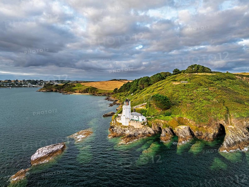St Anthony Lighthouse from drone, Roseland peninsula, Head circular walk, Cornwall, UK