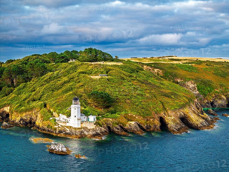 St Anthony Lighthouse from drone, Roseland peninsula, Head circular walk, Cornwall, UK