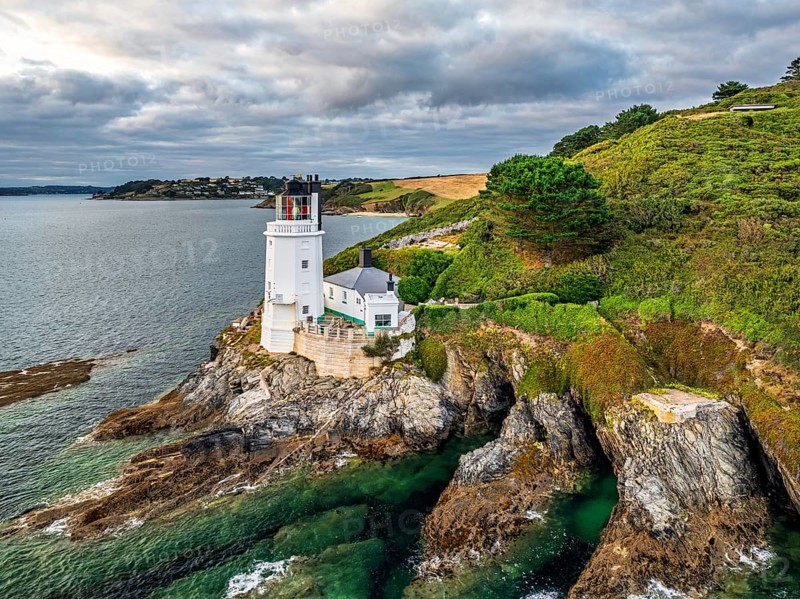 St Anthony Lighthouse from drone, Roseland peninsula, Head circular walk, Cornwall, UK