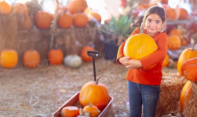 Young girl choosing A pumpkin at A pumpkin patch on a fall day