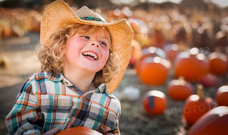 Cute young boy wearing cowboy hat at pumpkin patch farm