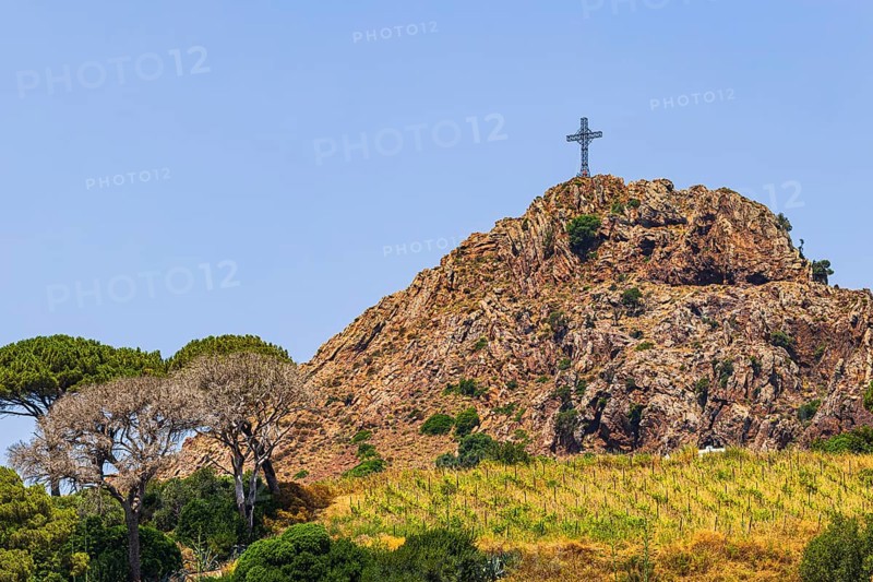 Giant steel cross on Monte Mar di Capanna, above Porto Azzurro, Elba Island, Tuscan Archipelago National Park, Tuscany, Italy