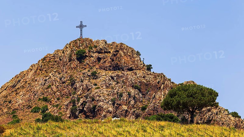 Giant steel cross on Monte Mar di Capanna, above Porto Azzurro, Elba Island, Tuscan Archipelago National Park, Tuscany, Italy