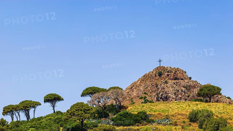 Giant steel cross on Monte Mar di Capanna, above Porto Azzurro, Elba Island, Tuscan Archipelago National Park, Tuscany, Italy