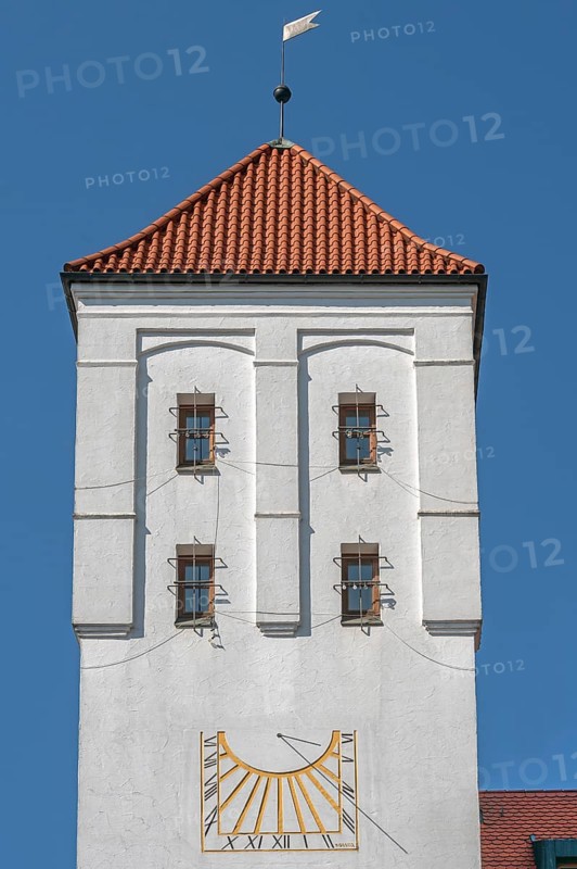 The Waisentor with tiled roof and sundial, Kempten, AllgÃ¤u, Bavaria, Germany