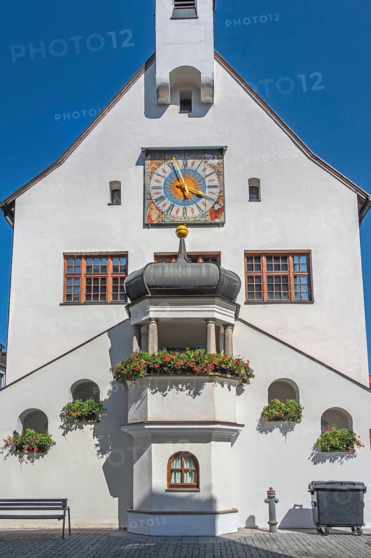 West faÃ§ade with clock and floral decoration, town hall, Kempten, AllgÃ¤u, Bavaria, Germany