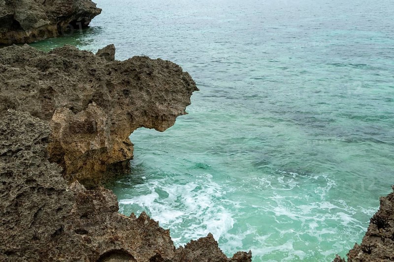 Sesoko's tail, rock formation, rugged cliffs of volcanic rock at the southern tip of Sesoko-jima, Sesoko Island, Motobu, Kunigami District, Okinawa, Japan