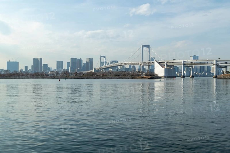 Landmark, Architecture, View of the Rainbow Brigde over Tokyo Bay, Odaiba, Minato City, Tokyo, Japan