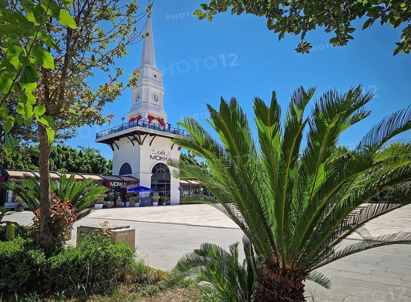 KEMER, TURKEY - JULY 5, 2025 Beautiful view to Kemer Saat Kulesi today Cafe Mokka in the city centrum