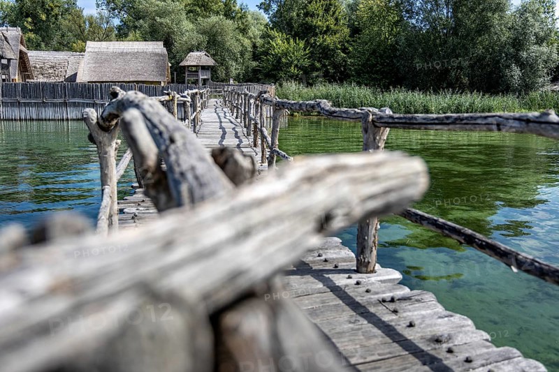 Wooden bridge near huts offers views of green water and dense vegetation, pile dwellings at Unteruhldingen Open-Air Museum on Lake Constance Germany